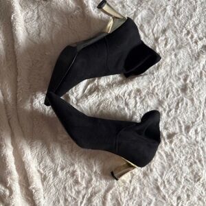 Black Stretch Ankle Booties with Gold Sculpted Heel